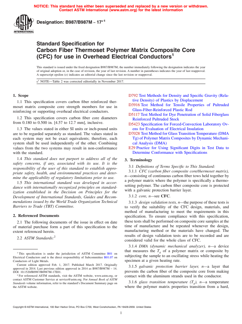 ASTM B987/B987M-17e1 - Standard Specification for Carbon Fiber Thermoset Polymer Matrix Composite Core (CFC)  for use in Overhead Electrical Conductors