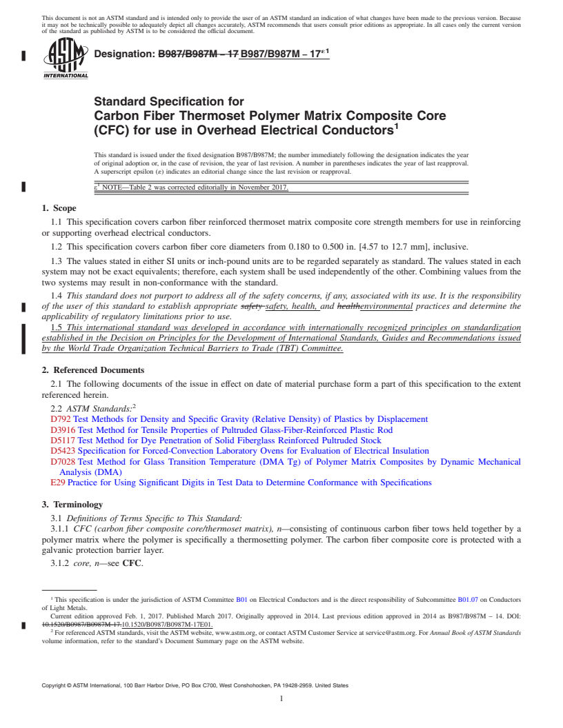 REDLINE ASTM B987/B987M-17e1 - Standard Specification for Carbon Fiber Thermoset Polymer Matrix Composite Core (CFC)  for use in Overhead Electrical Conductors