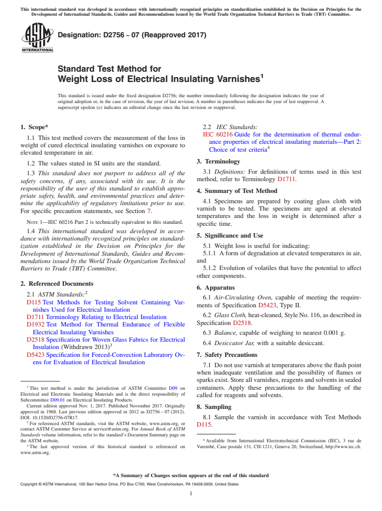 ASTM D2756-07(2017) - Standard Test Method for  Weight Loss of Electrical Insulating Varnishes