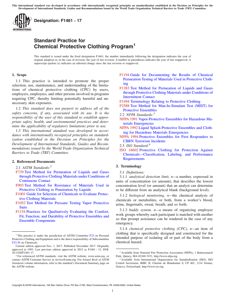 ASTM F1461-17 - Standard Practice for  Chemical Protective Clothing Program