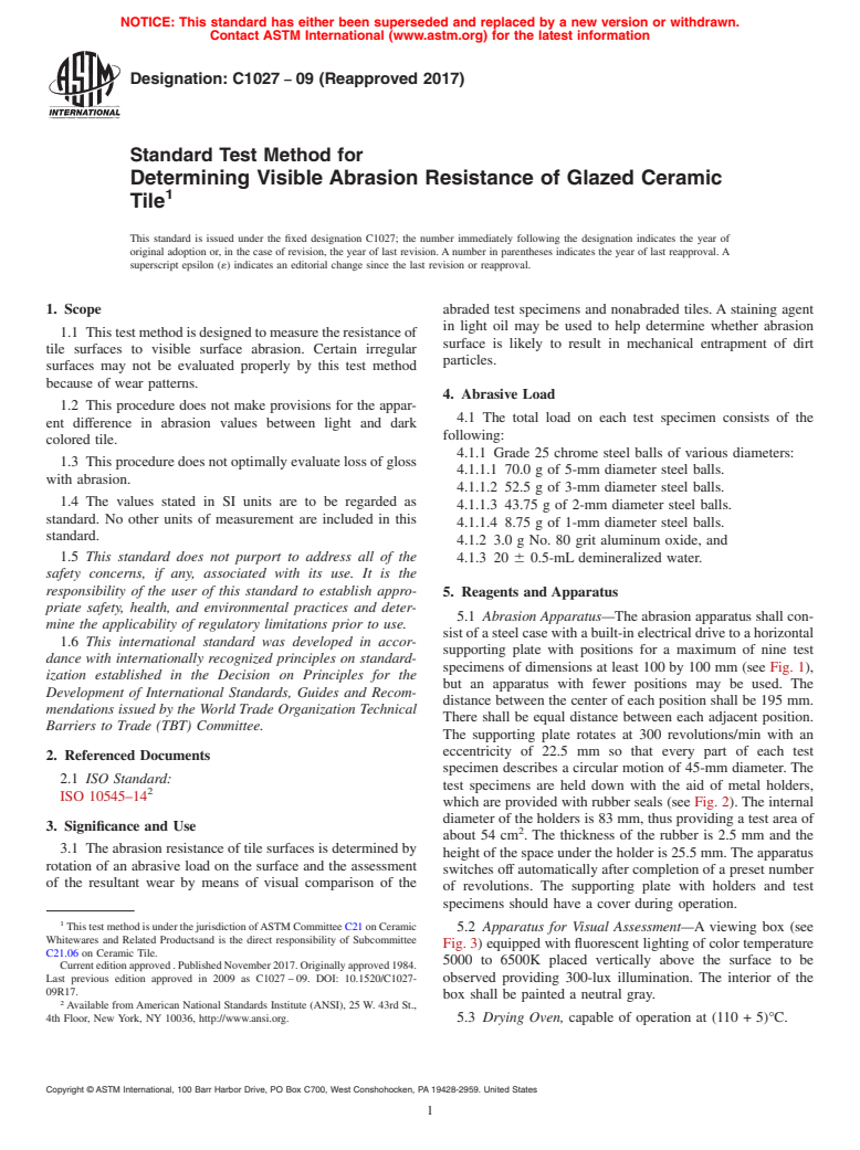 ASTM C1027-09(2017) - Standard Test Method for  Determining Visible Abrasion Resistance of Glazed Ceramic Tile