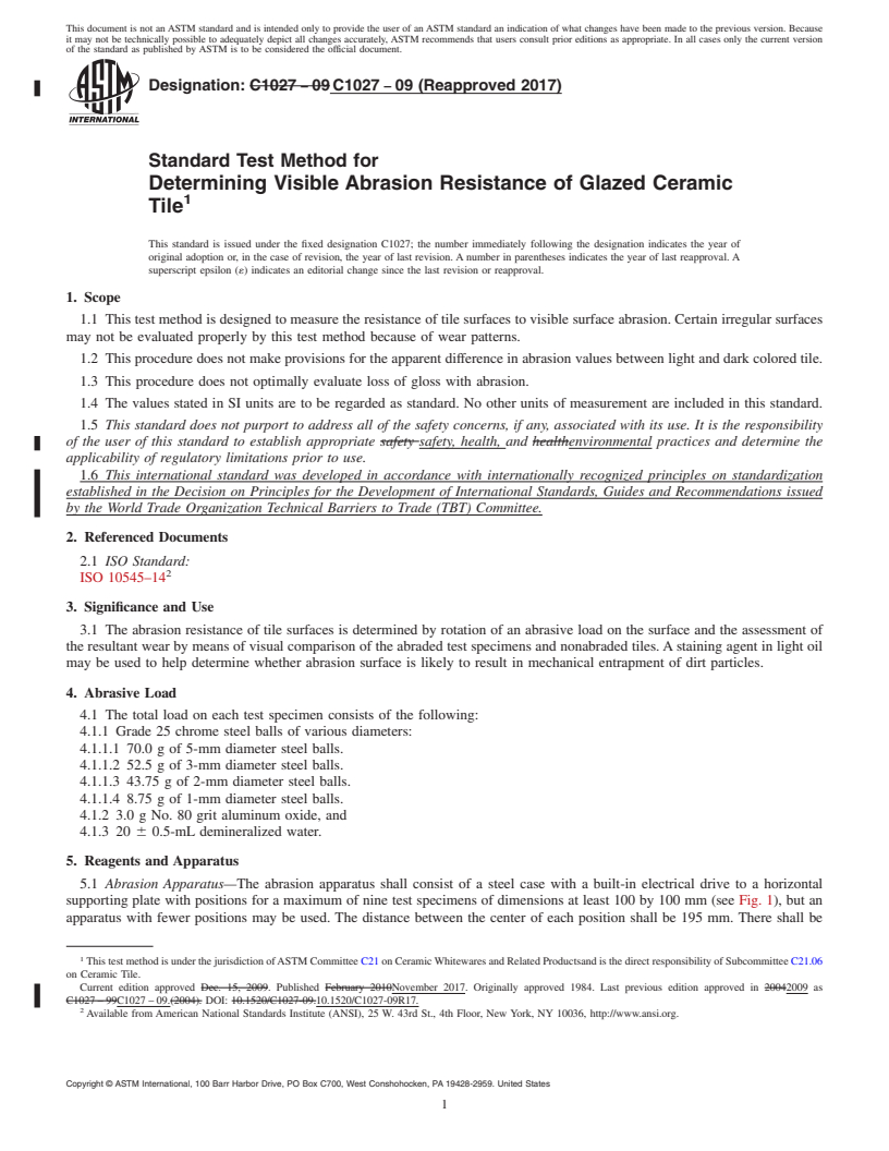 REDLINE ASTM C1027-09(2017) - Standard Test Method for  Determining Visible Abrasion Resistance of Glazed Ceramic Tile