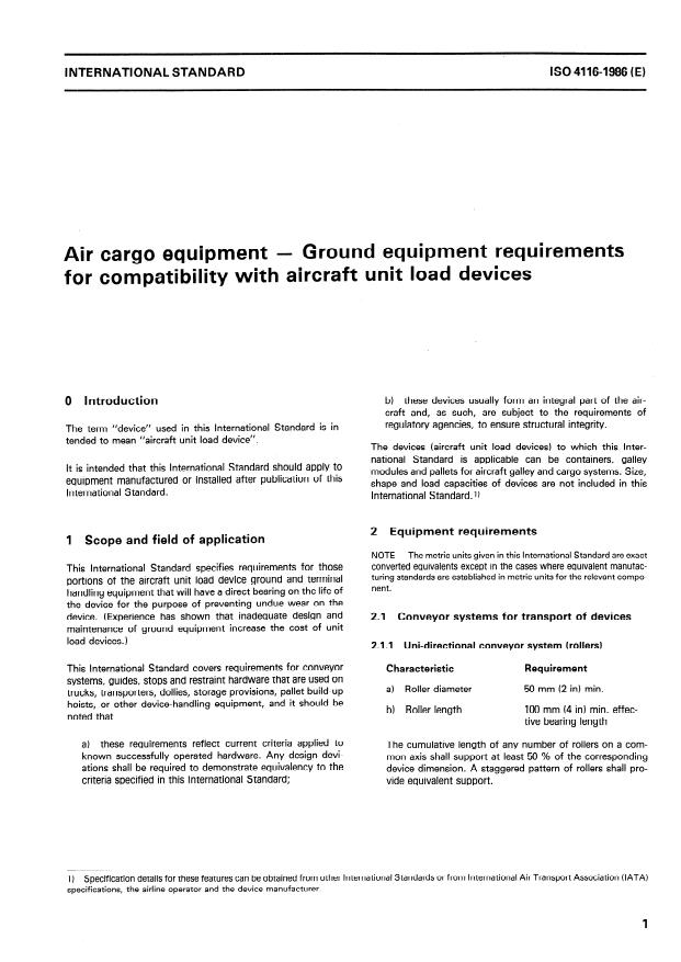 ISO 4116:1986 - Air cargo equipment -- Ground equipment requirements for compatibility with aircraft unit load devices
