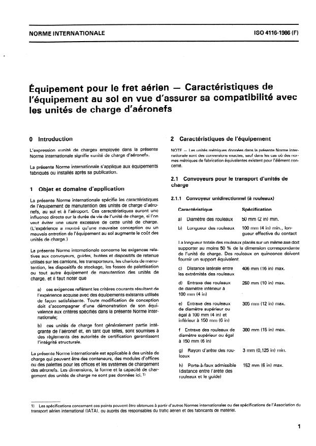 ISO 4116:1986 - Équipement pour le fret aérien -- Caractéristiques de l'équipement au sol en vue d'assurer sa compatibilité avec les unités de charge d'aéronefs