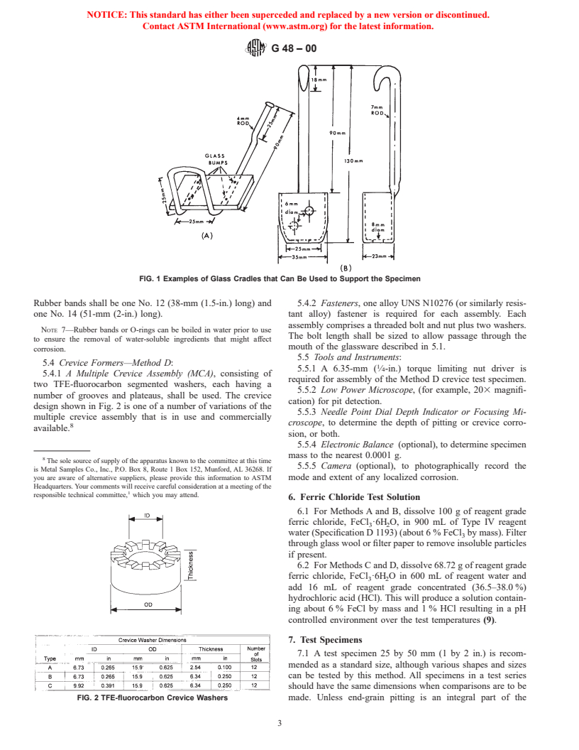 ASTM G48-00 - Standard Test Methods for Pitting and Crevice Corrosion Resistance of Stainless Steels and Related Alloys by Use of Ferric Chloride Solution