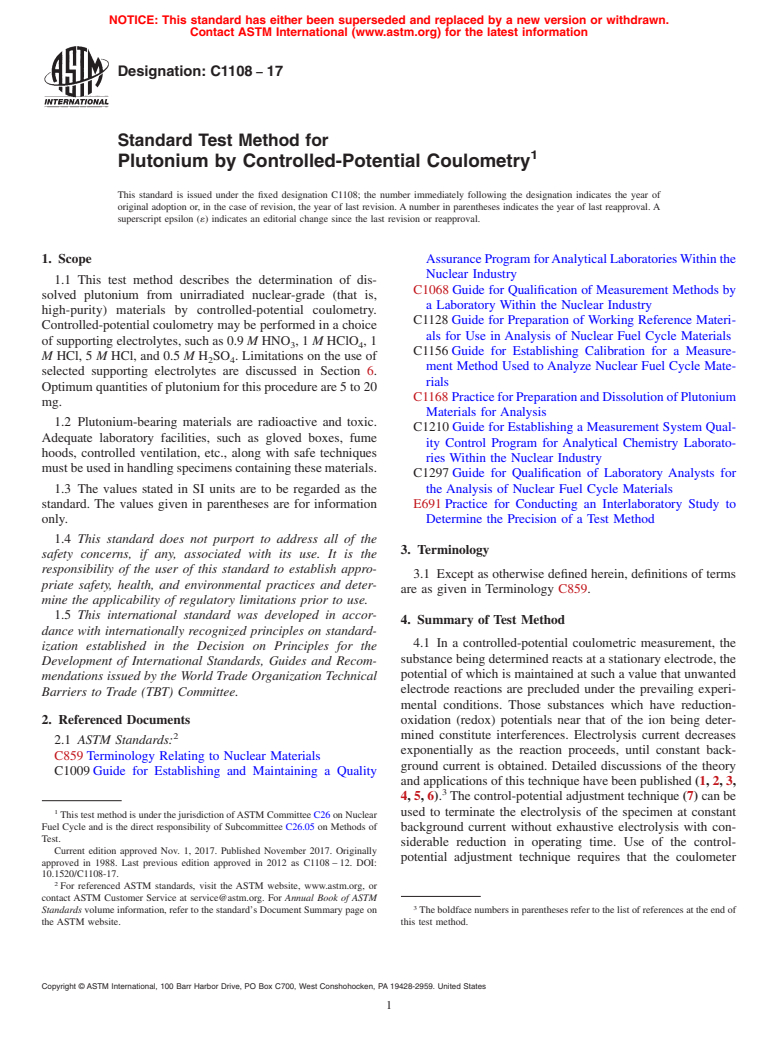 ASTM C1108-17 - Standard Test Method for  Plutonium by Controlled-Potential Coulometry