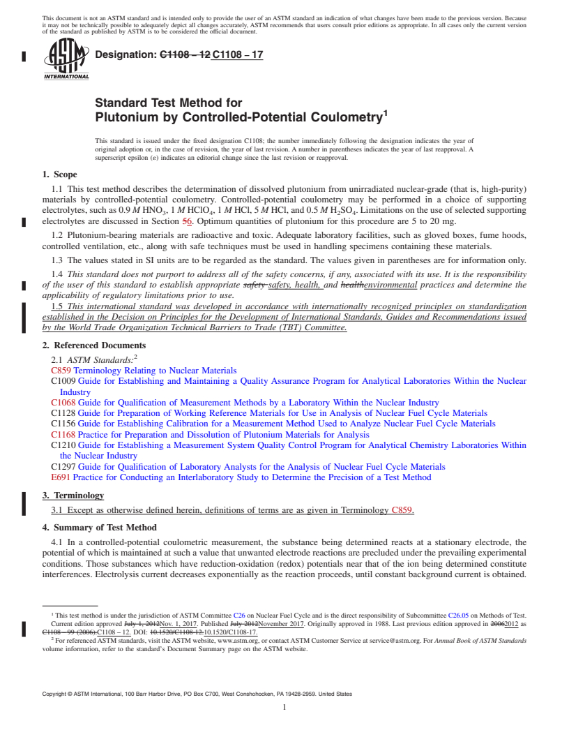 REDLINE ASTM C1108-17 - Standard Test Method for  Plutonium by Controlled-Potential Coulometry