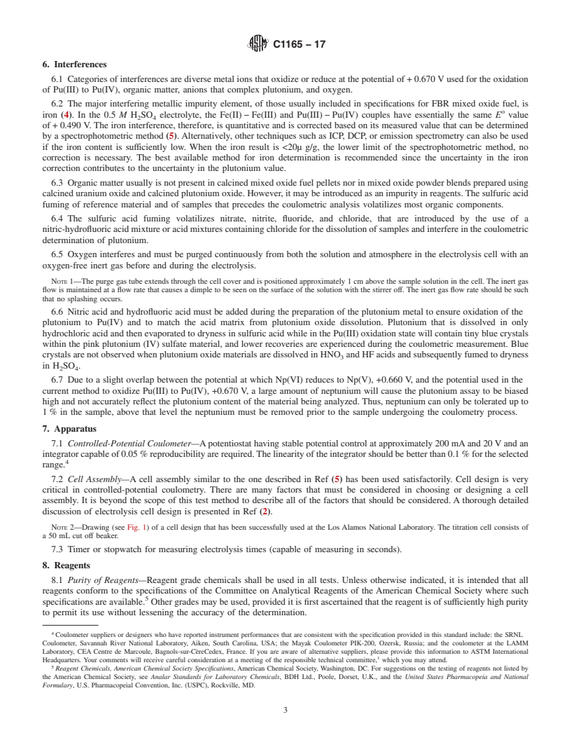 REDLINE ASTM C1165-17 - Standard Test Method for  Determining Plutonium by Controlled-Potential Coulometry in  H<inf>2</inf>SO<inf>4</inf> at a Platinum Working Electrode