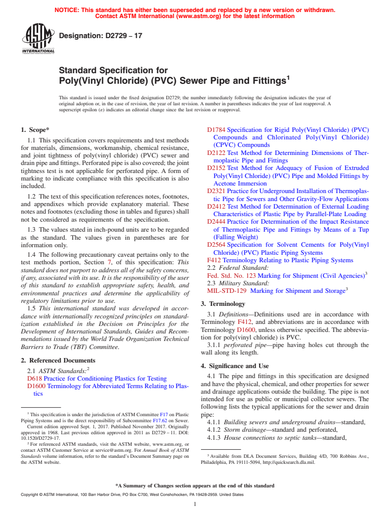 ASTM D2729-17 - Standard Specification for  Poly(Vinyl Chloride) (PVC) Sewer Pipe and Fittings