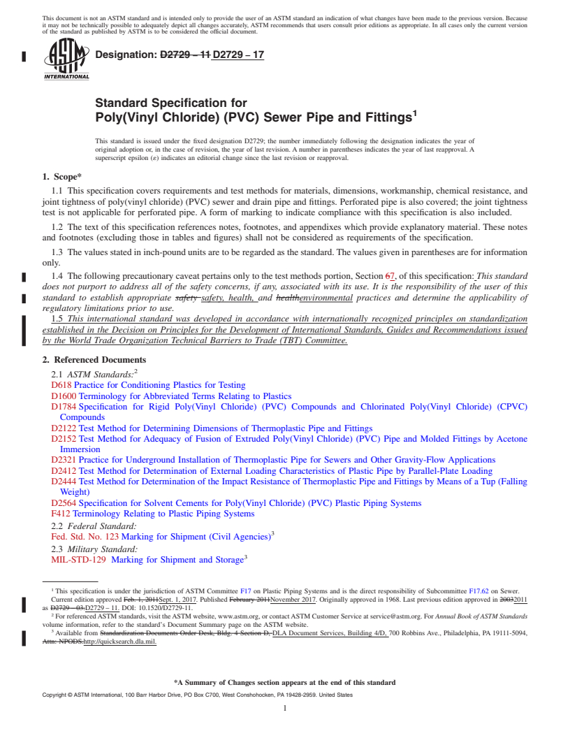 REDLINE ASTM D2729-17 - Standard Specification for  Poly(Vinyl Chloride) (PVC) Sewer Pipe and Fittings