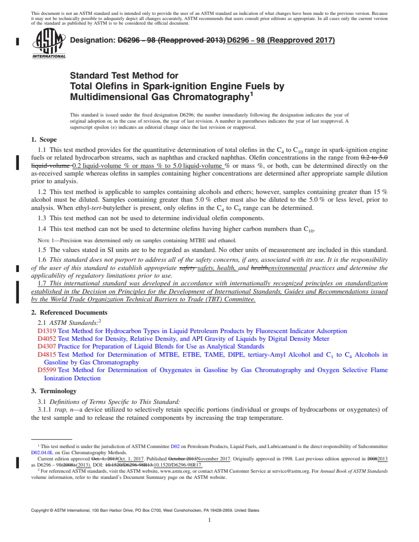 REDLINE ASTM D6296-98(2017) - Standard Test Method for  Total Olefins in Spark-ignition Engine Fuels by Multidimensional  Gas Chromatography