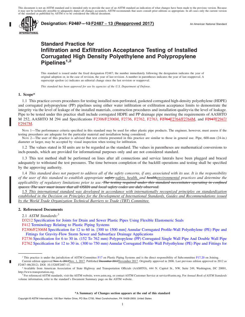 REDLINE ASTM F2487-13(2017) - Standard Practice for  Infiltration and Exfiltration Acceptance Testing of Installed  Corrugated   High Density Polyethylene and Polypropylene Pipelines