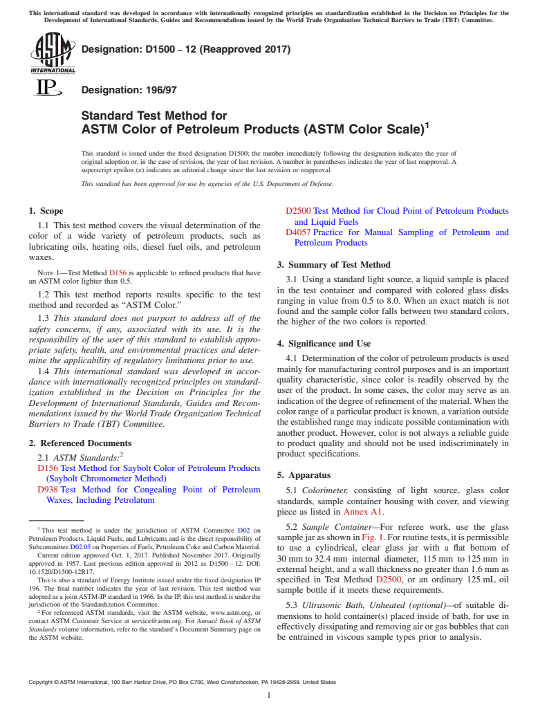 ASTM D1500-12(2017) - Standard Test Method for ASTM Color of Petroleum Products (ASTM Color Scale)