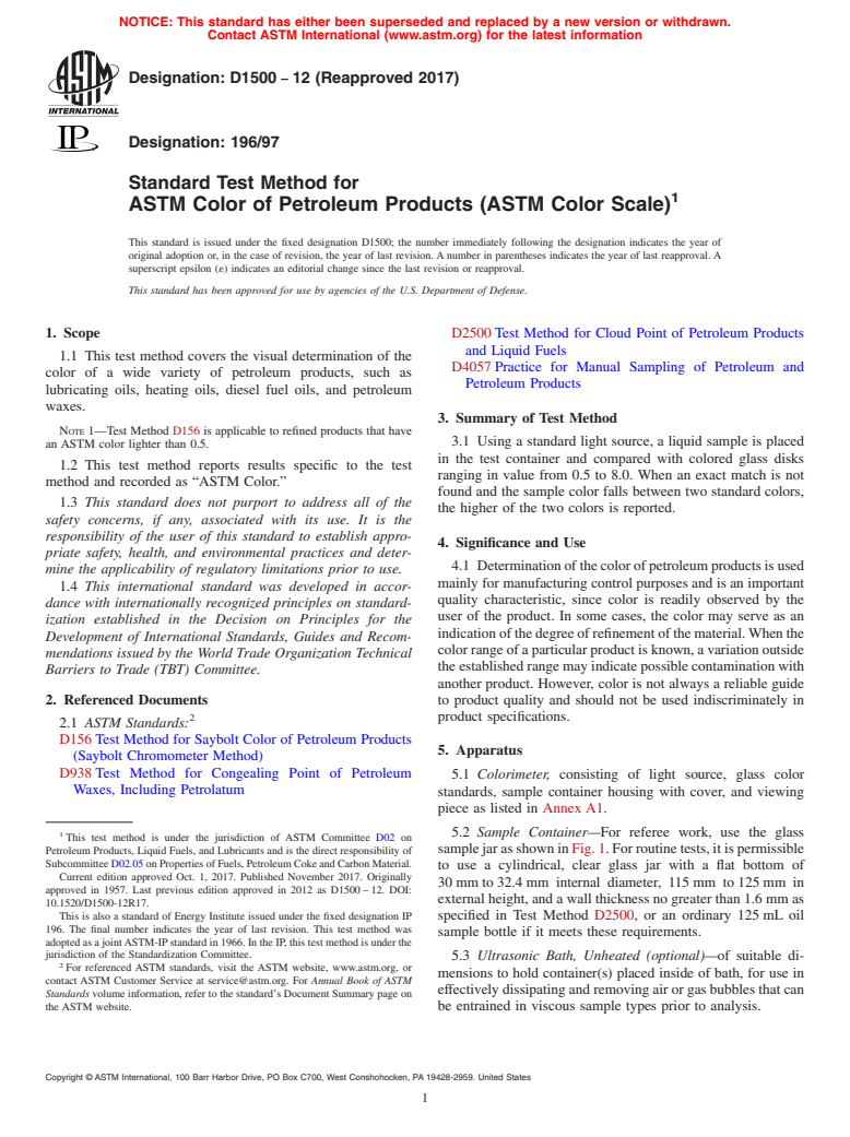 ASTM D1500-12(2017) - Standard Test Method for ASTM Color of Petroleum Products (ASTM Color Scale)