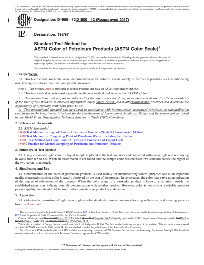 REDLINE ASTM D1500-12(2017) - Standard Test Method for ASTM Color of Petroleum Products (ASTM Color Scale)