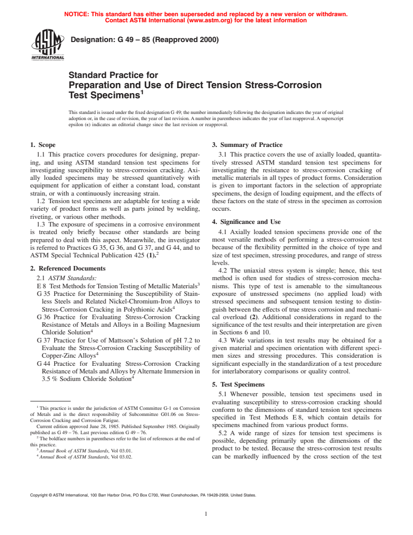 ASTM G49-85(2000) - Standard Practice for Preparation and Use of Direct Tension Stress-Corrosion Test Specimens