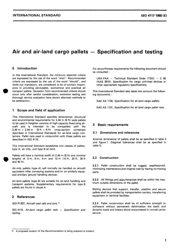 ISO 4117:1980 - Air and air-land cargo pallets -- Specification and testing