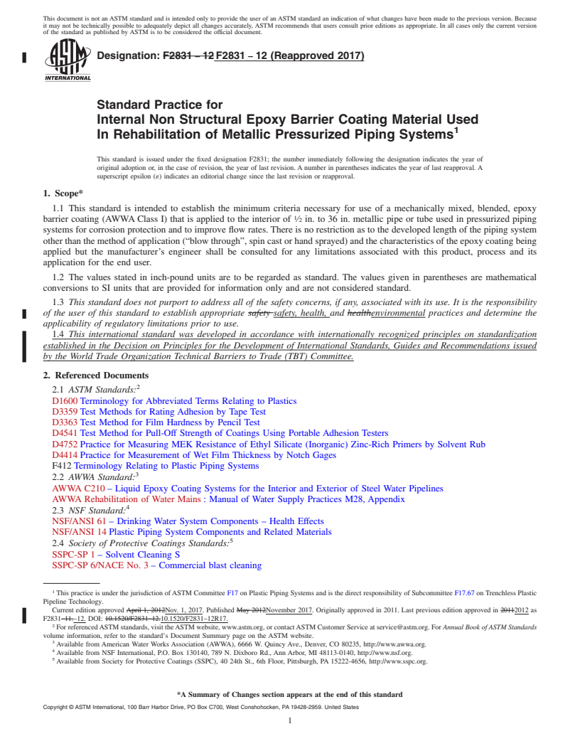 REDLINE ASTM F2831-12(2017) - Standard Practice for   Internal Non Structural Epoxy Barrier Coating Material Used   In Rehabilitation of Metallic Pressurized Piping Systems