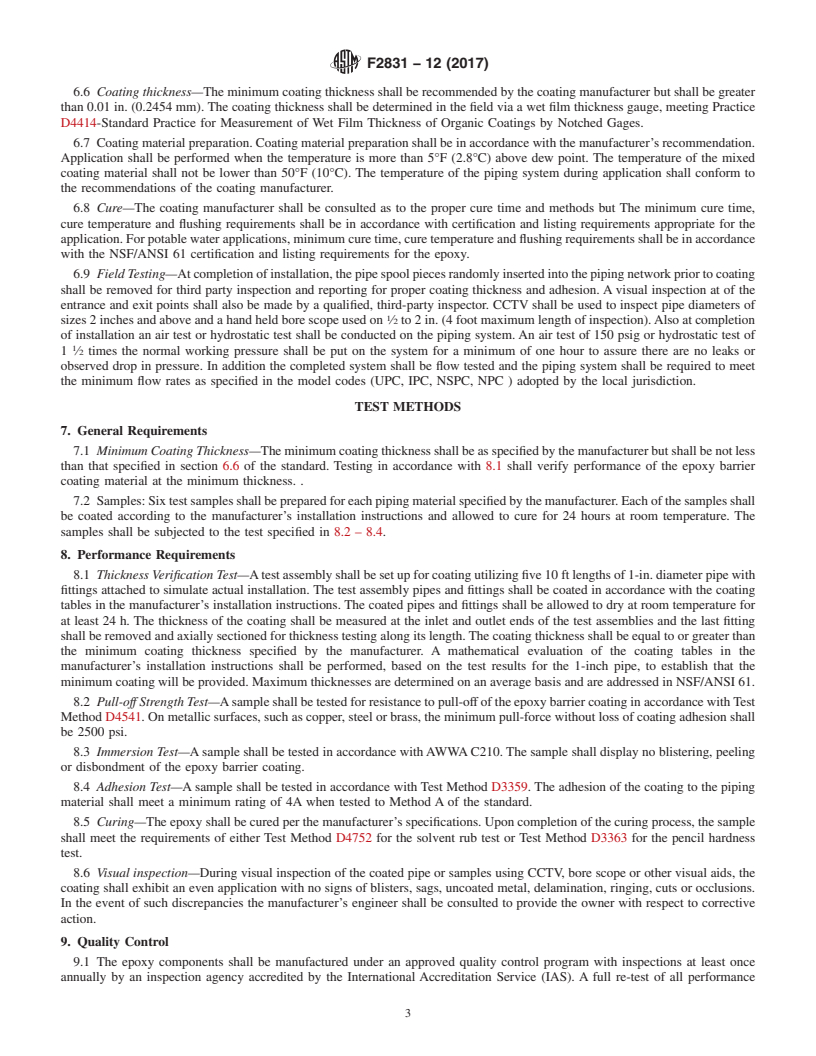 REDLINE ASTM F2831-12(2017) - Standard Practice for   Internal Non Structural Epoxy Barrier Coating Material Used   In Rehabilitation of Metallic Pressurized Piping Systems