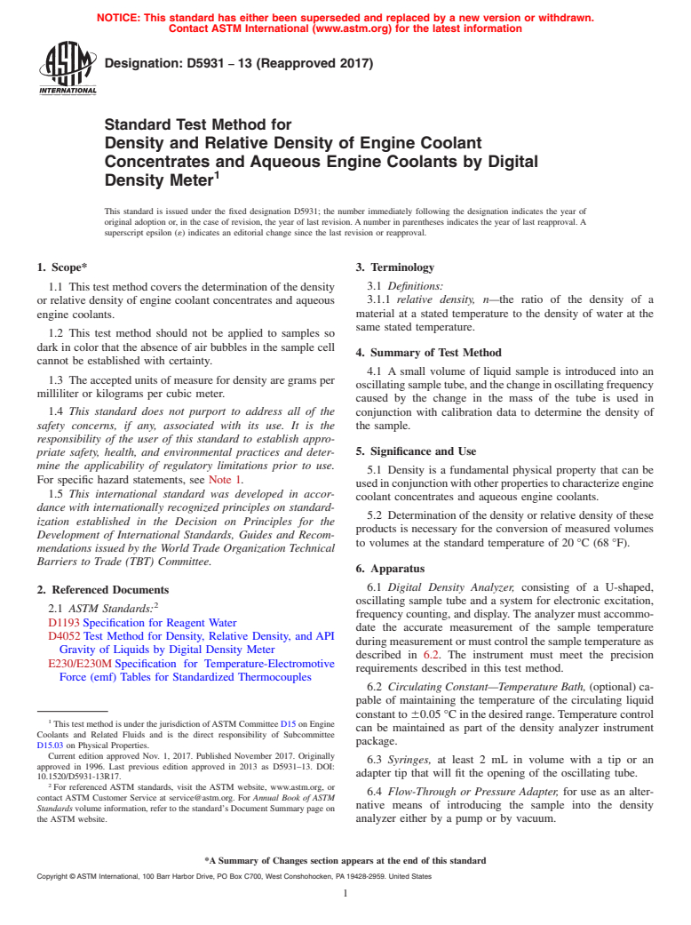 ASTM D5931-13(2017) - Standard Test Method for Density and Relative Density of Engine Coolant Concentrates  and Aqueous Engine Coolants by Digital Density Meter