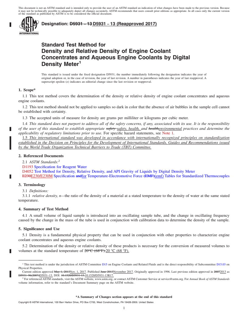 REDLINE ASTM D5931-13(2017) - Standard Test Method for Density and Relative Density of Engine Coolant Concentrates  and Aqueous Engine Coolants by Digital Density Meter