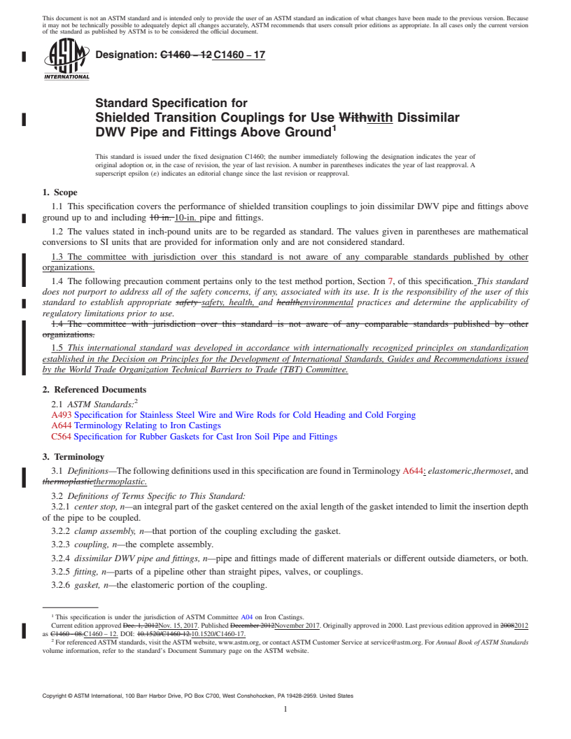 REDLINE ASTM C1460-17 - Standard Specification for   Shielded Transition Couplings for Use with Dissimilar DWV   Pipe and Fittings Above Ground