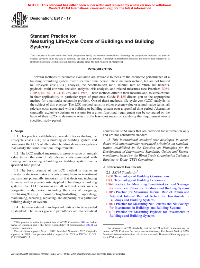 ASTM E917-17 - Standard Practice for Measuring Life-Cycle Costs of Buildings and Building Systems