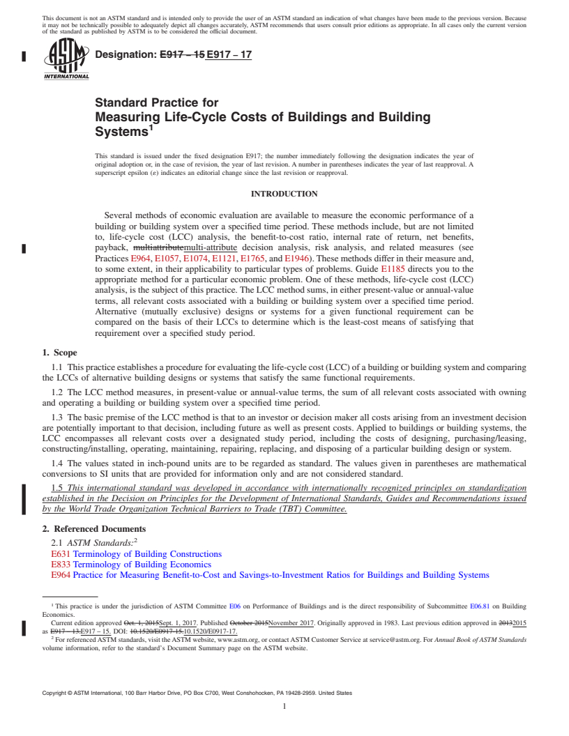 REDLINE ASTM E917-17 - Standard Practice for Measuring Life-Cycle Costs of Buildings and Building Systems