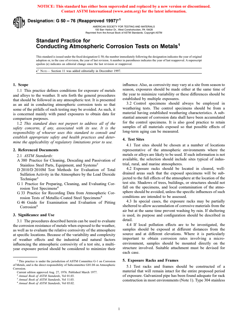 ASTM G50-76(1997)e1 - Standard Practice for Conducting Atmospheric Corrosion Tests on Metals