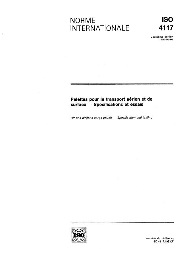 ISO 4117:1993 - Palettes pour le transport aérien et de surface -- Spécifications et essais