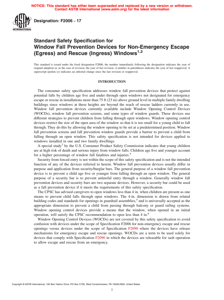 ASTM F2006-17 - Standard Safety Specification for Window Fall Prevention Devices for Non-Emergency Escape (Egress)  and Rescue (Ingress) Windows