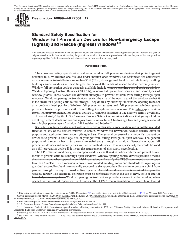 REDLINE ASTM F2006-17 - Standard Safety Specification for Window Fall Prevention Devices for Non-Emergency Escape (Egress)  and Rescue (Ingress) Windows