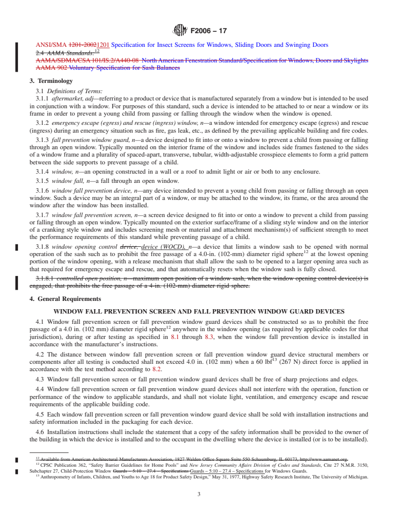 REDLINE ASTM F2006-17 - Standard Safety Specification for Window Fall Prevention Devices for Non-Emergency Escape (Egress)  and Rescue (Ingress) Windows