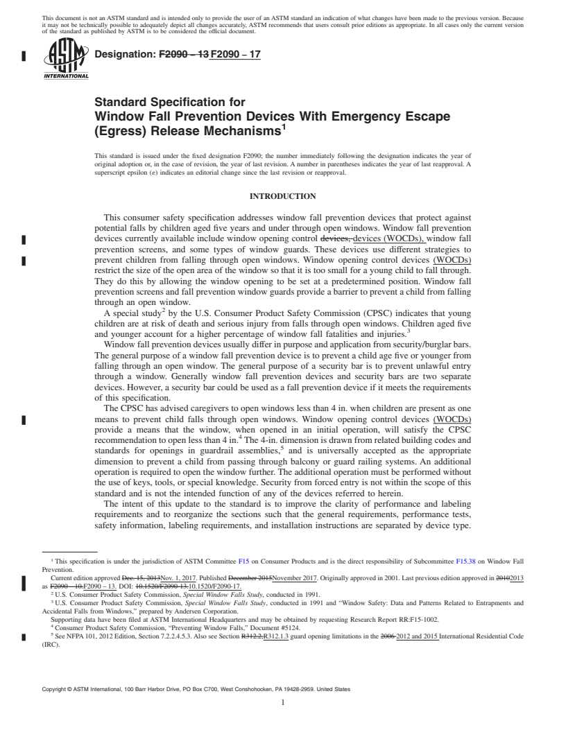 REDLINE ASTM F2090-17 - Standard Specification for  Window Fall Prevention Devices With Emergency Escape (Egress)  Release Mechanisms