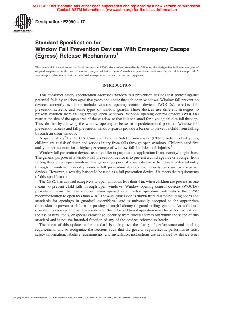 ASTM F2090-17 - Standard Specification for  Window Fall Prevention Devices With Emergency Escape (Egress)  Release Mechanisms