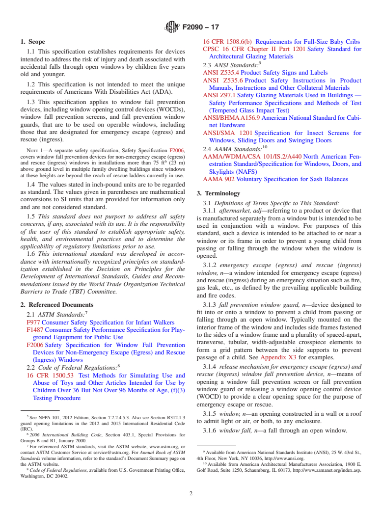 ASTM F2090-17 - Standard Specification for  Window Fall Prevention Devices With Emergency Escape (Egress)  Release Mechanisms