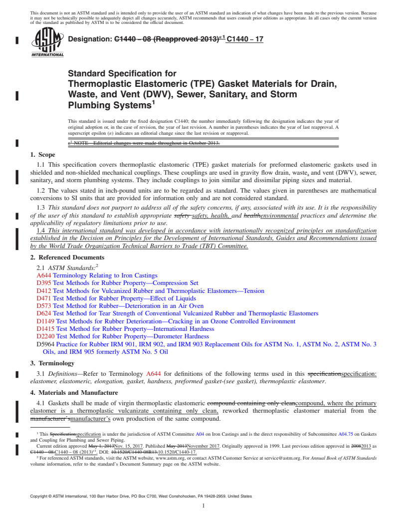 REDLINE ASTM C1440-17 - Standard Specification for  Thermoplastic Elastomeric (TPE) Gasket Materials for Drain,   Waste, and Vent (DWV), Sewer, Sanitary, and Storm Plumbing Systems