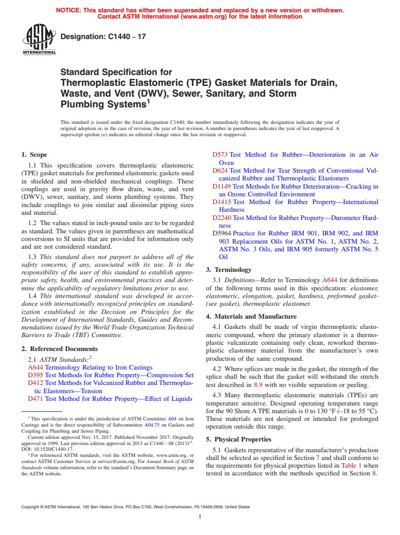 ASTM C1440-17 - Standard Specification for  Thermoplastic Elastomeric (TPE) Gasket Materials for Drain,   Waste, and Vent (DWV), Sewer, Sanitary, and Storm Plumbing Systems