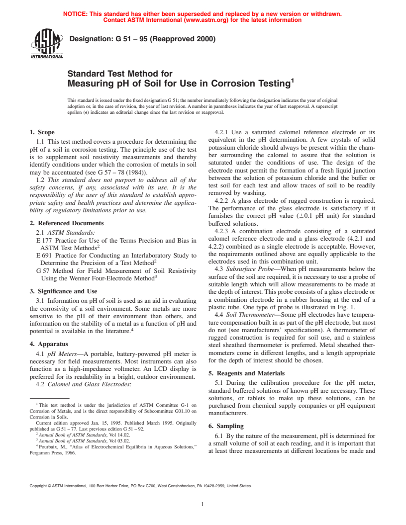 ASTM G51-95(2000) - Standard Test Method for Measuring pH of Soil for Use in Corrosion Testing