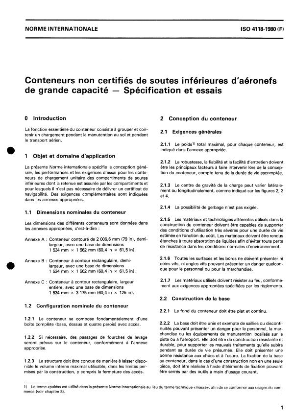 ISO 4118:1980 - Conteneurs non certifiés de soutes inférieures d'aéronefs de grande capacité -- Spécification et essais
