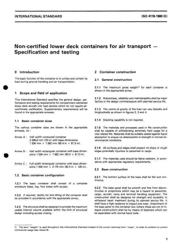 ISO 4118:1980 - Non-certified lower deck containers for air transport -- Specification and testing