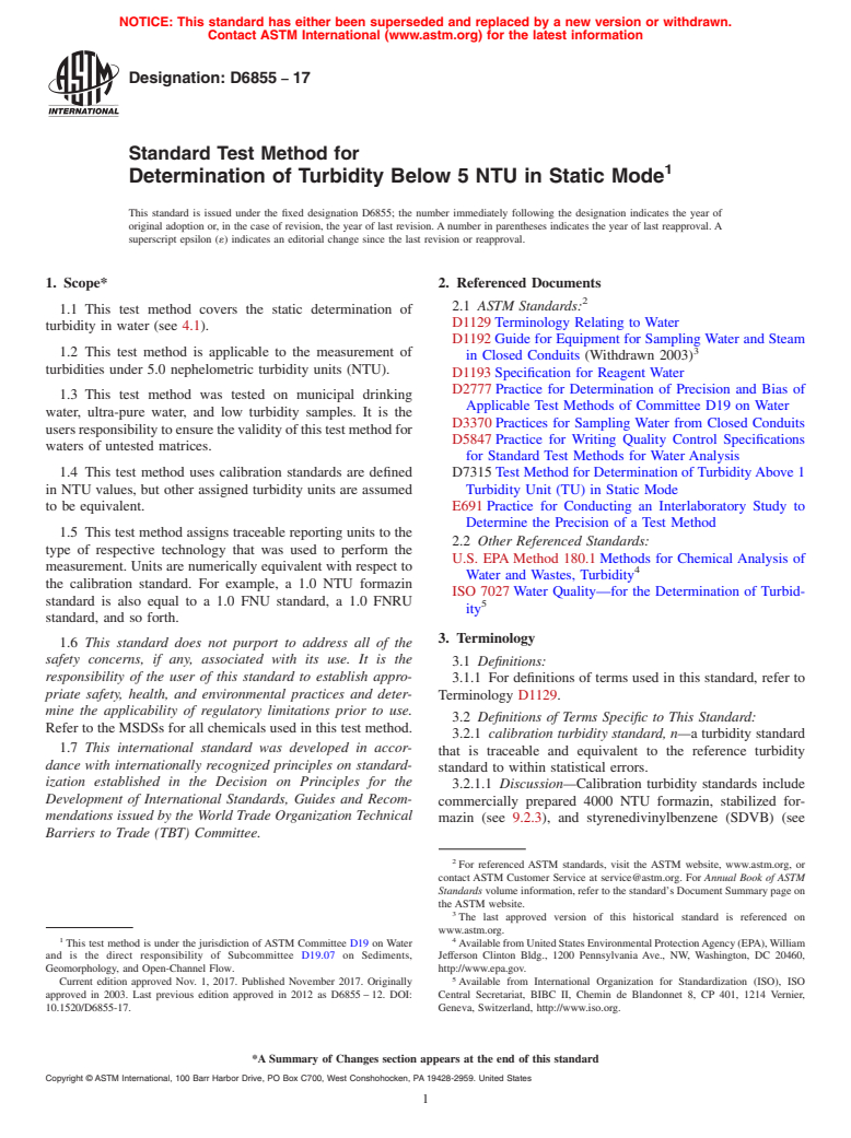 ASTM D6855-17 - Standard Test Method for  Determination of Turbidity Below 5 NTU in Static Mode