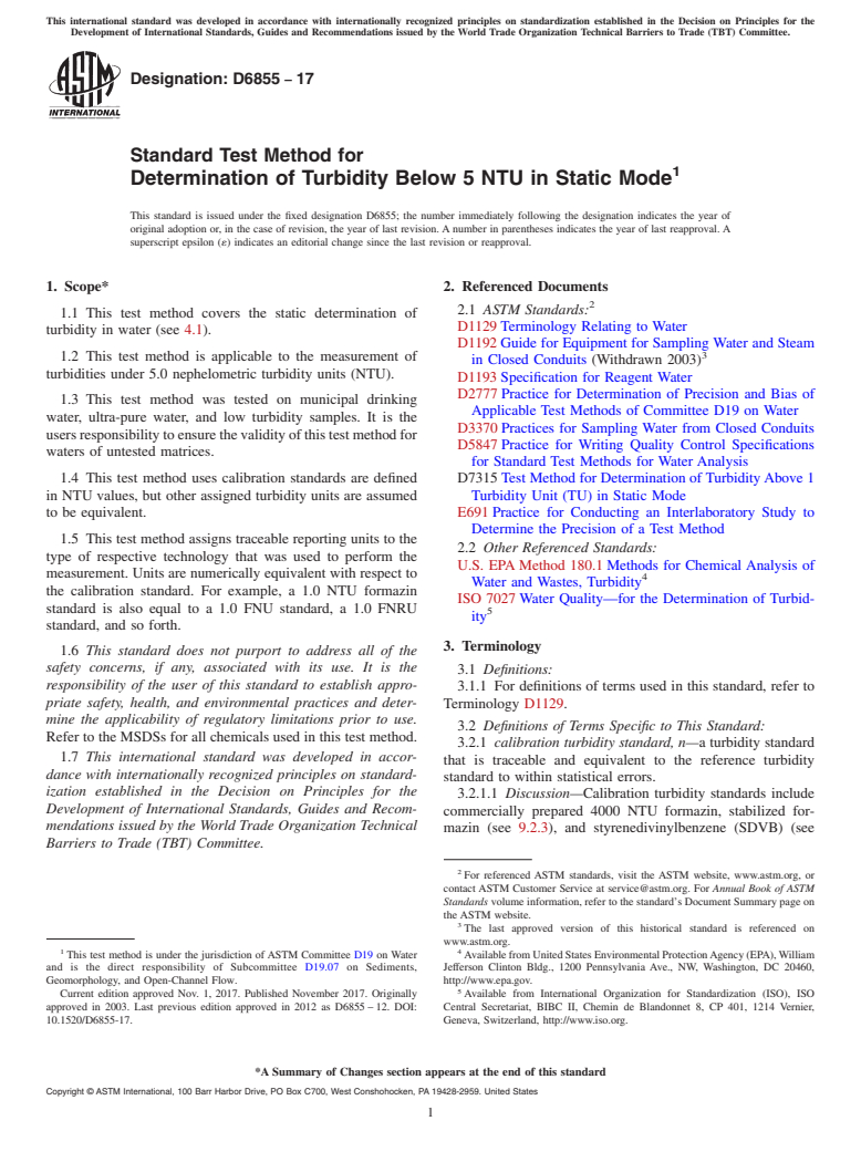 ASTM D6855-17 - Standard Test Method for  Determination of Turbidity Below 5 NTU in Static Mode