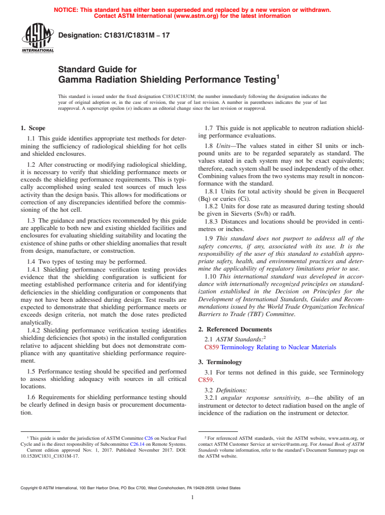 ASTM C1831/C1831M-17 - Standard Guide for Gamma Radiation Shielding Performance Testing