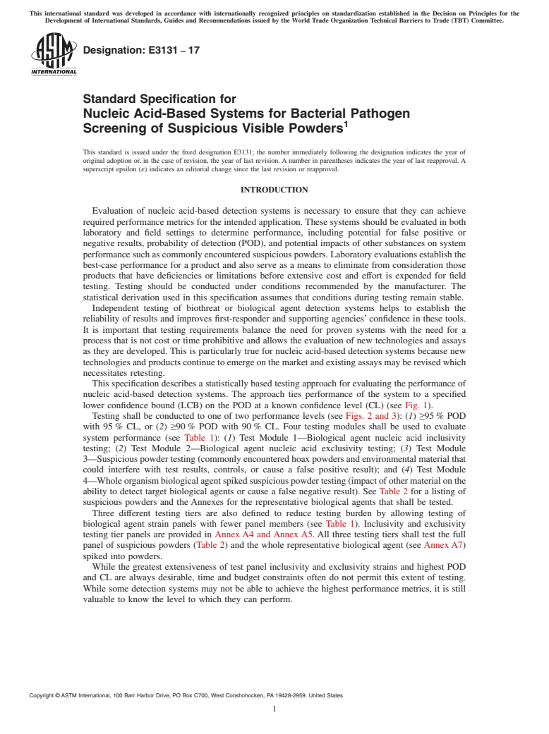 ASTM E3131-17 - Standard Specification for Nucleic Acid-Based Systems for Bacterial Pathogen Screening of Suspicious Visible Powders
