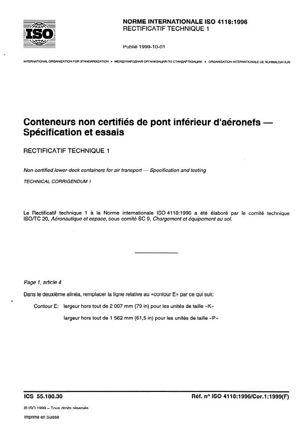 ISO 4118:1996 - Conteneurs non certifiés de pont inférieur d'aéronefs -- Spécification et essais