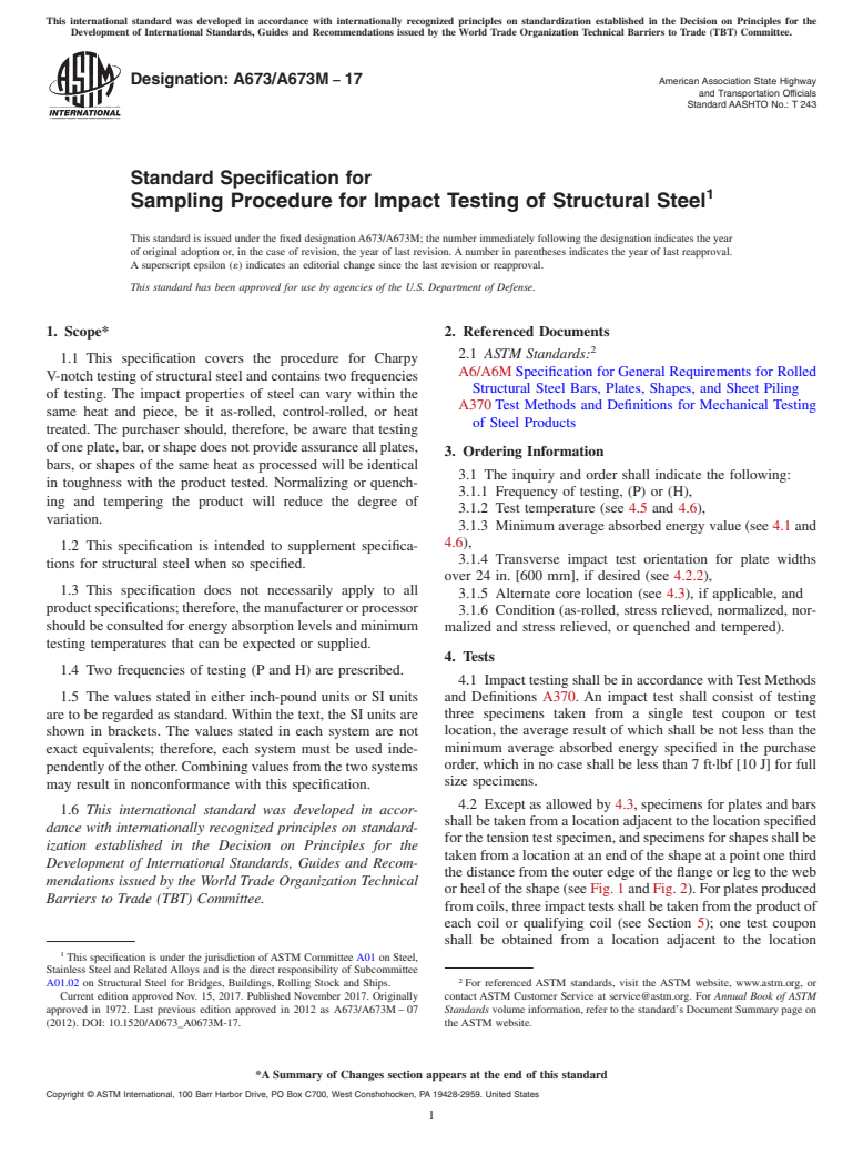 ASTM A673/A673M-17 - Standard Specification for  Sampling Procedure for Impact Testing of Structural Steel