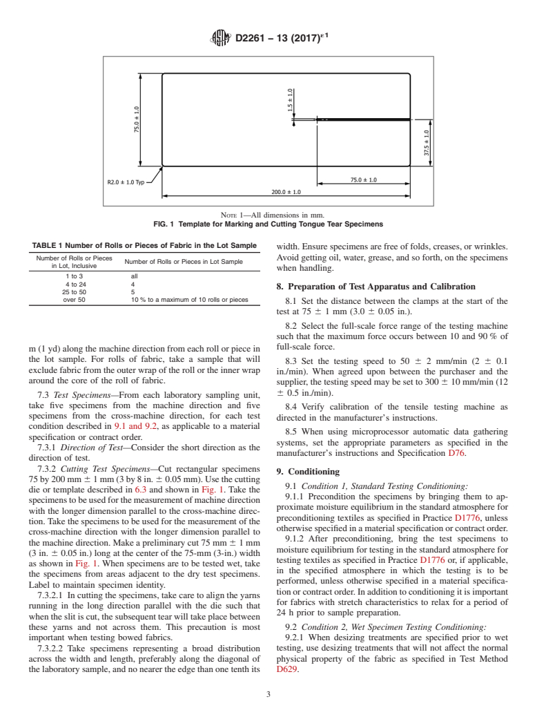 ASTM D2261-13(2017)e1 - Standard Test Method for  Tearing Strength of Fabrics by the Tongue (Single Rip) Procedure  (Constant-Rate-of-Extension Tensile Testing Machine)