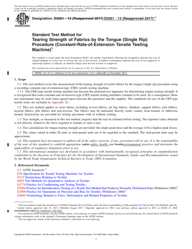 REDLINE ASTM D2261-13(2017)e1 - Standard Test Method for  Tearing Strength of Fabrics by the Tongue (Single Rip) Procedure  (Constant-Rate-of-Extension Tensile Testing Machine)