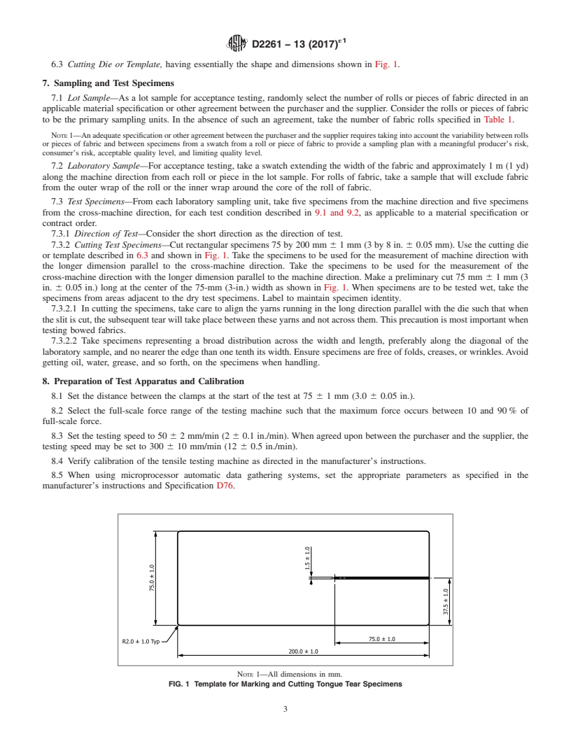 REDLINE ASTM D2261-13(2017)e1 - Standard Test Method for  Tearing Strength of Fabrics by the Tongue (Single Rip) Procedure  (Constant-Rate-of-Extension Tensile Testing Machine)